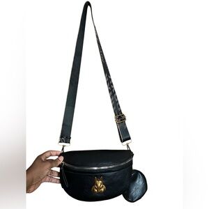 Black Crossbody Waist Bag with Gold Bunny Accent + Coin Pouch